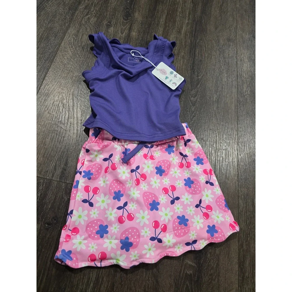 Pete + Lucy Toddler Girls 2T Purple Scallop Top Pink Strawberry Cherry Skirt Set